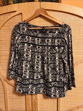Lucky Brand Black and Cream Geometric Print Blouse